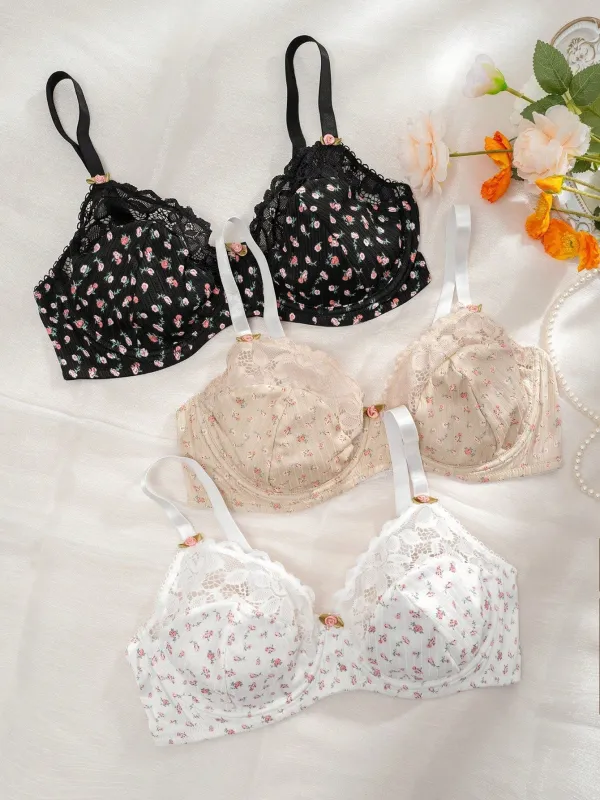 Plus 3pcs Ditsy Floral Print Contrast Lace Underwire Bra FD made by Negative