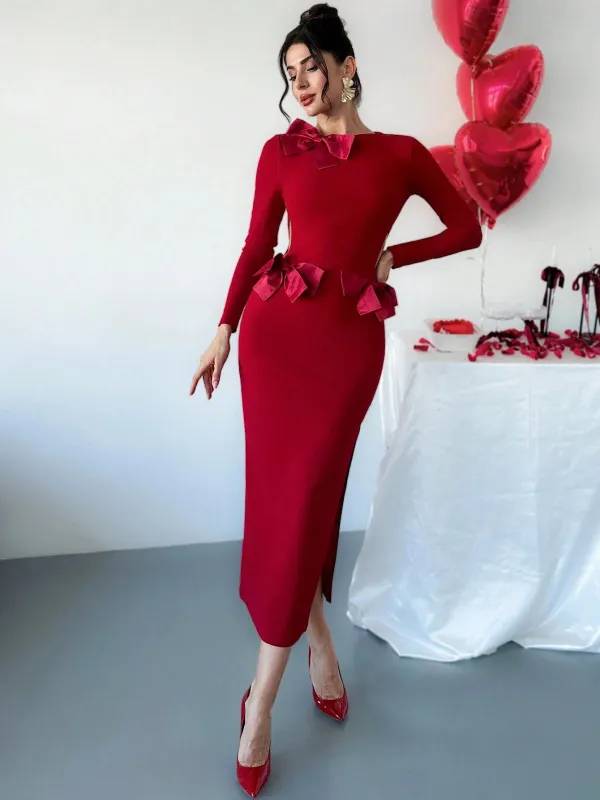 Firerie Women's Elegant Bowknot Long Sexy Dress For Valentine's Day ,Bodycon Burgundy Dress ,Women's Valentine's Day Dating Dress ,Vacation Outfits ,Woman Valentine's Day Dress,Red Dress FD made by Negative