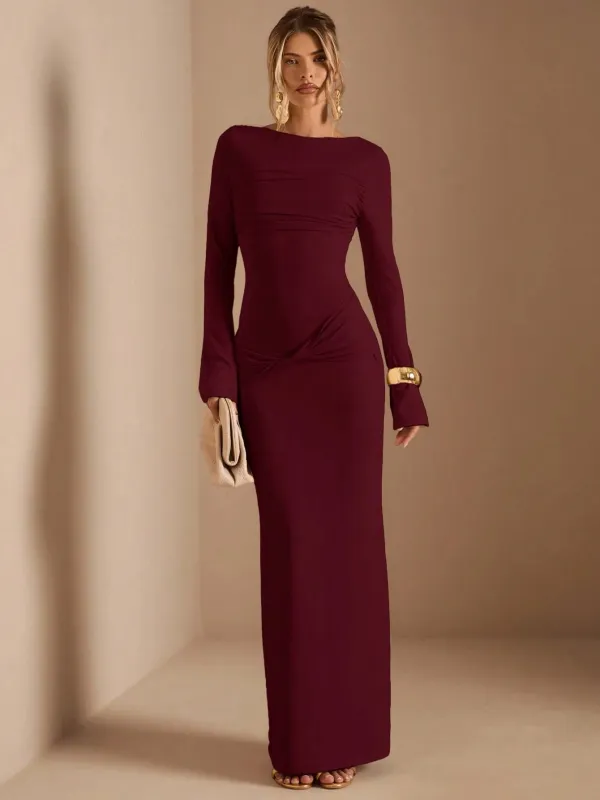 SHEIN BAE Apricot Long Sleeve Knitted Ruched Waist Twist Hem Straight Dress, Elegant Dress, Date Dress, Bridesmaid Dress, Birthday Party Dress, Apricot Color Dress, Autumn/Winter Layering Dress,Red Dresses For Women,Women Elegant Dress Marroon Dress made by Negative