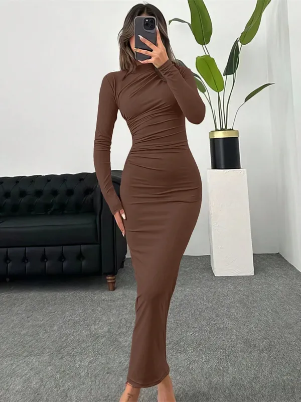 Women's Solid Color Stand Collar Long Sleeve Pleated Bodycon Dress FD sold by Negative