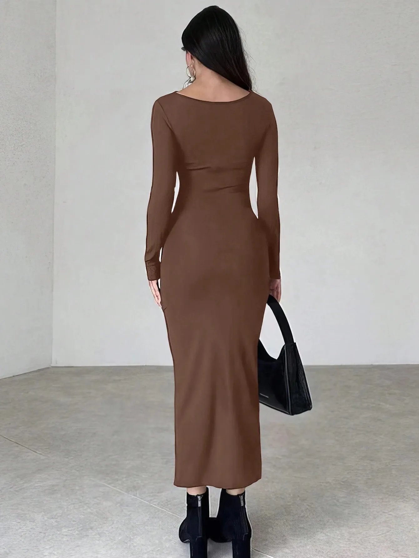 Women's Solid Color Stand Collar Long Sleeve Pleated Bodycon Dress FD sold by Negative product image thumbnail 2