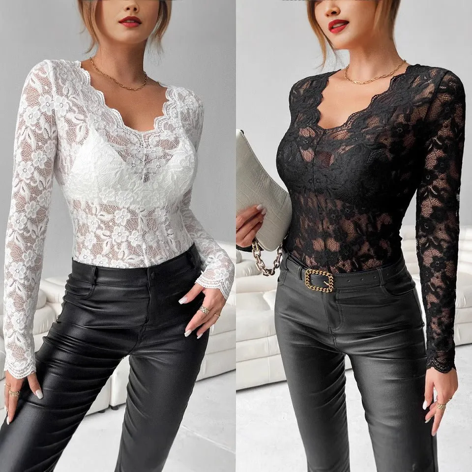2025 elegant V-neck scalloped collar edge single-layer solid color lace long-sleeved T-shirt slim-fitting and thin top women FD sold by Negative