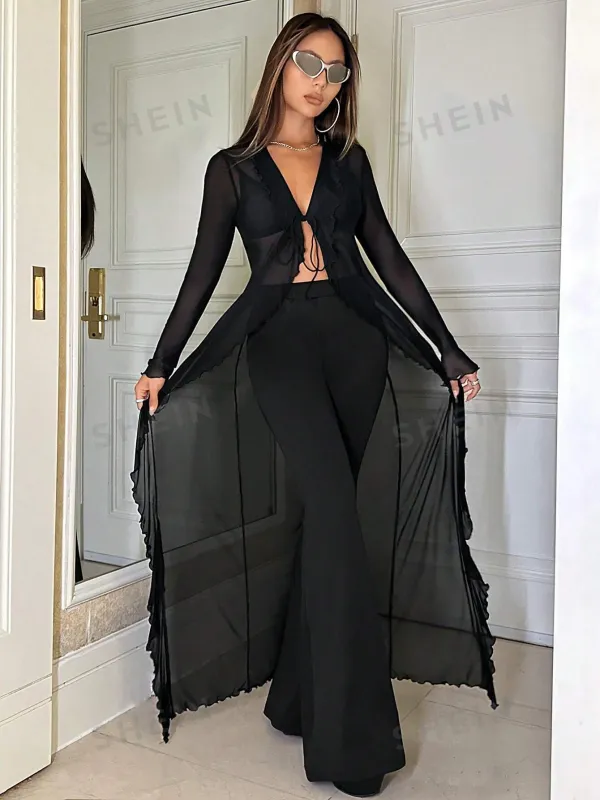 SHEIN Solid Lettuce Trim Mesh Top Without Bra FD made by Negative