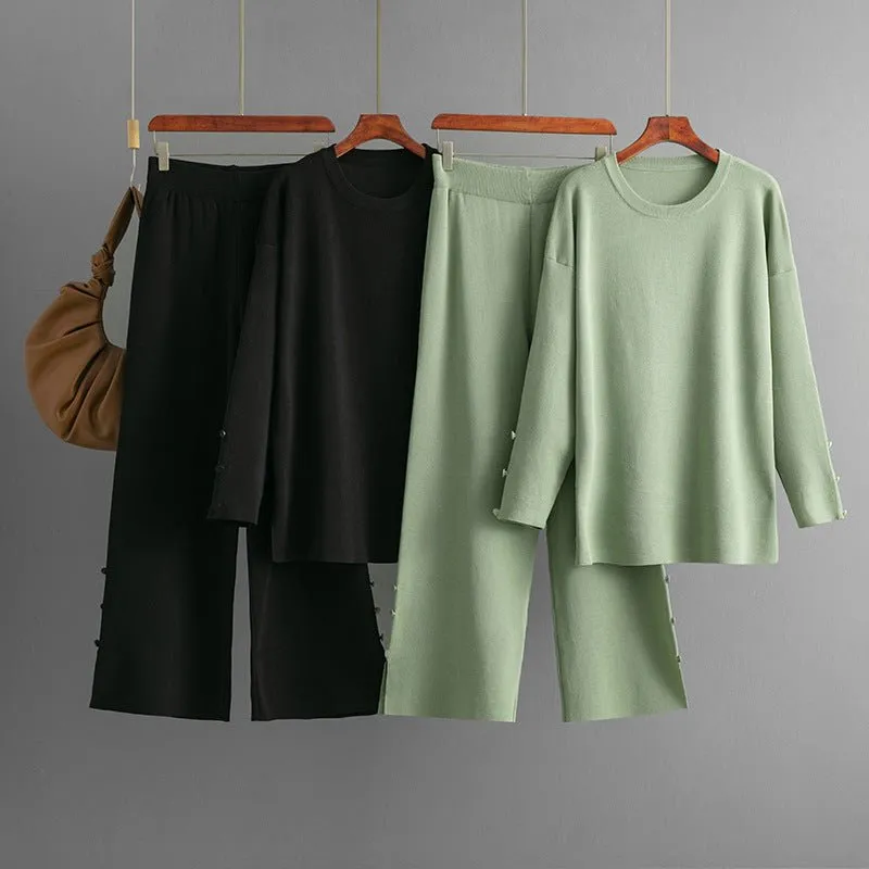 The Cozy Knit | Solid Color Large-Size Knitted Sweater & Wide-Leg Pants Set FD made by Negative