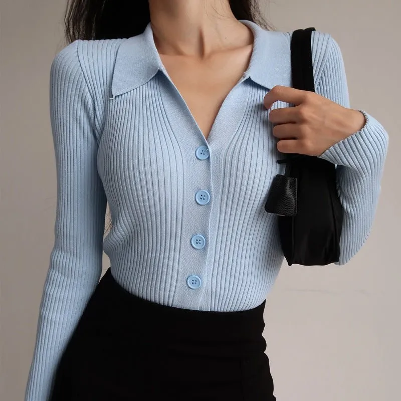 Women's Slim Commuter Cardigan Sweater – Long Sleeve Polo Collar Pullover FD sold by Negative product image thumbnail 3