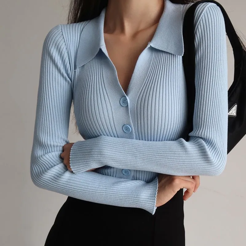 Women's Slim Commuter Cardigan Sweater – Long Sleeve Polo Collar Pullover FD made by Negative
