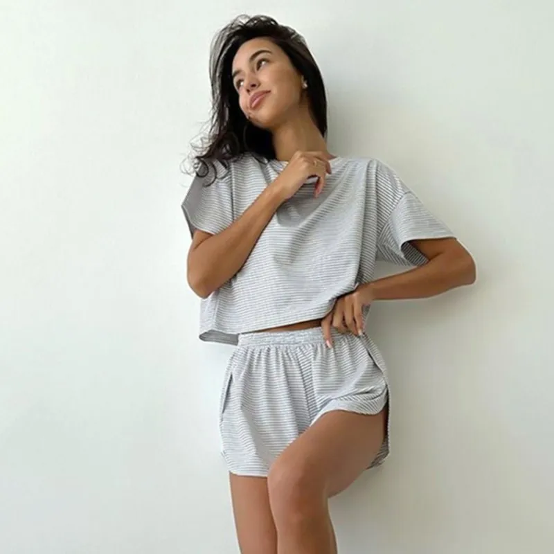 The Cozy Stripe | Knitted Striped Short-Sleeve Shorts Pajama Set made by Negative
