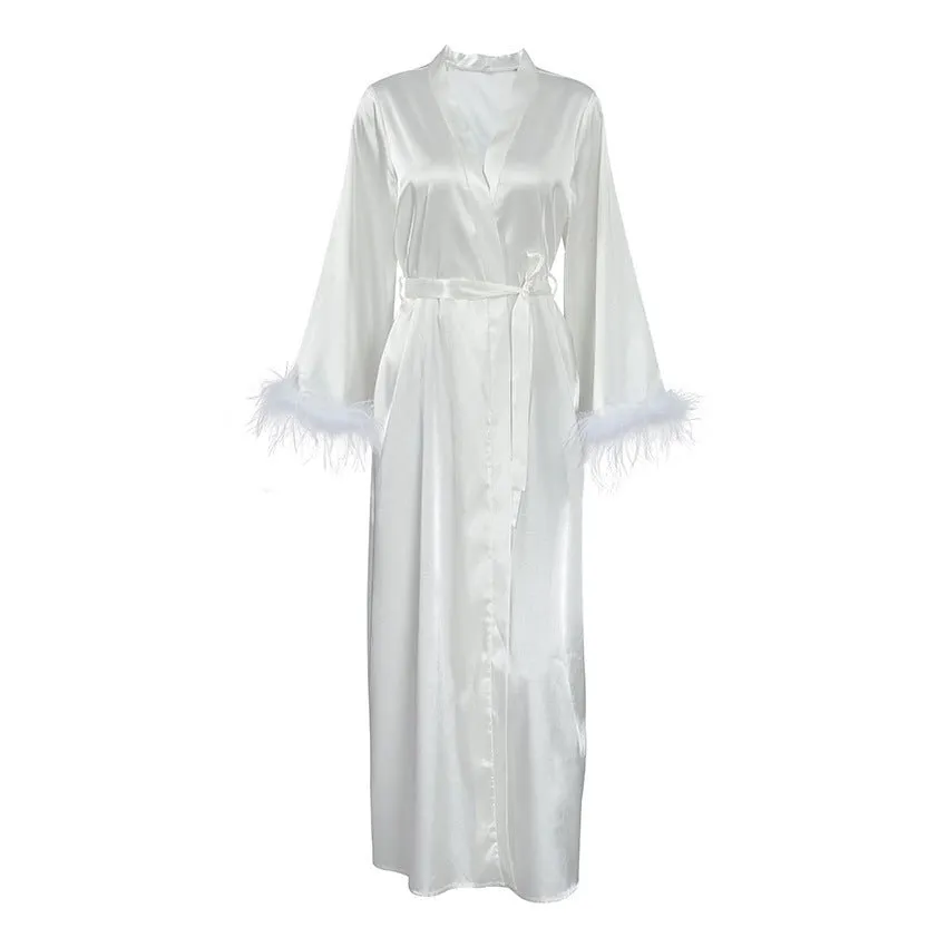 The Feather Whisper | Women's Long-Sleeve Faux Silk Feather Trim Robe sold by Negative product image thumbnail 5