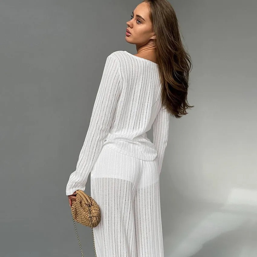 The Cozy Cloud Set | Women's Knit Hollow Long-Sleeve Pajama Set sold by Negative product image thumbnail 2