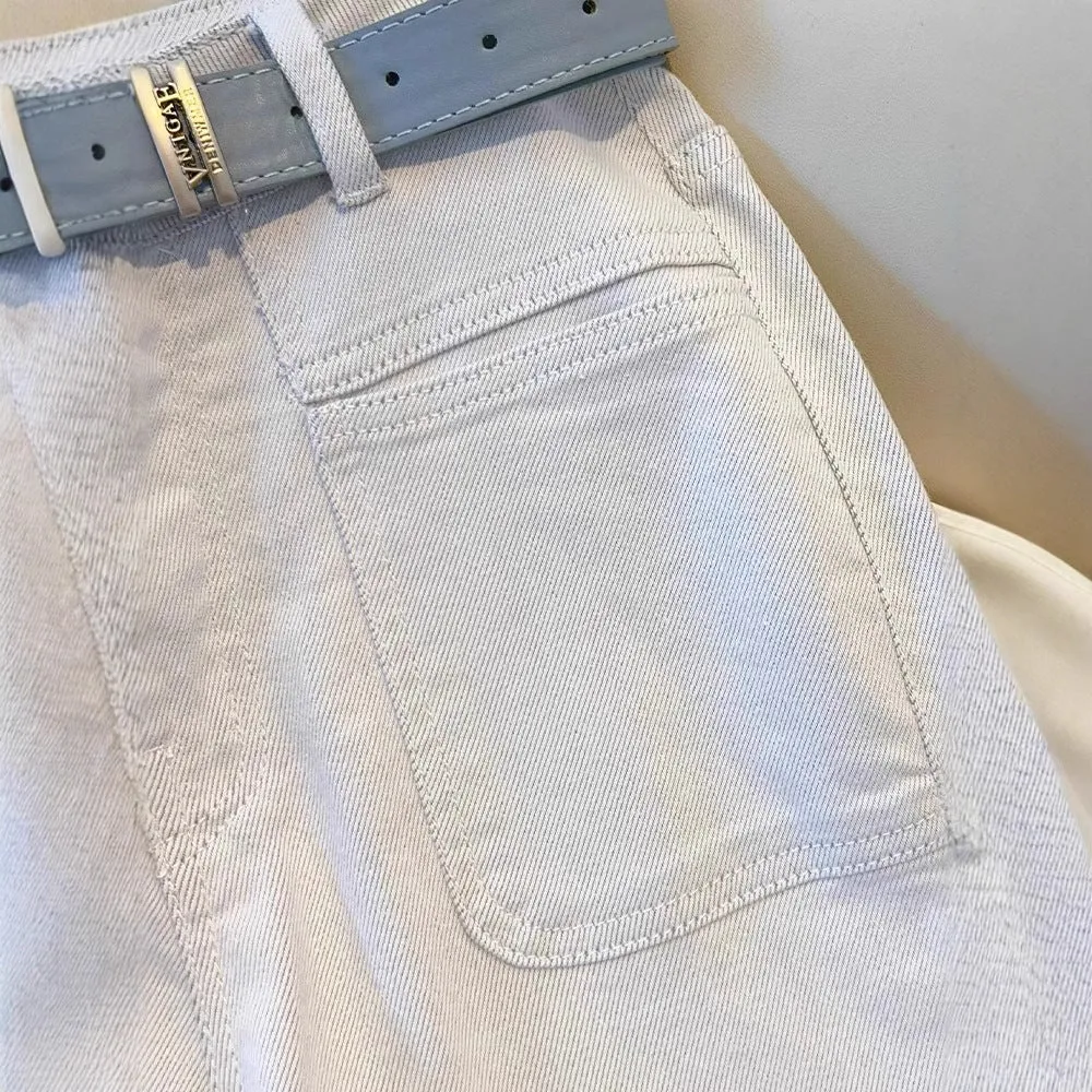 White Women’s High-Waist Straight Denim Jeans – Literary Art Retro Style with Multi-Pocket & Button Detail | Spring 2025 Collection FD sold by Negative product image thumbnail 3