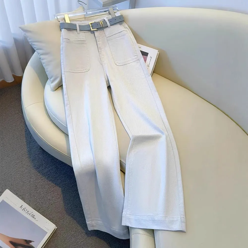 White Women’s High-Waist Straight Denim Jeans – Literary Art Retro Style with Multi-Pocket & Button Detail | Spring 2025 Collection FD sold by Negative