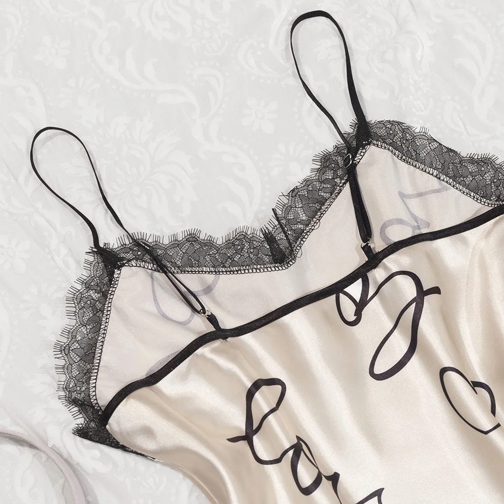 The Sweetheart Charm | Women's Ice Silk Lace Love Print Pajama Set FD sold by Negative product image thumbnail 4