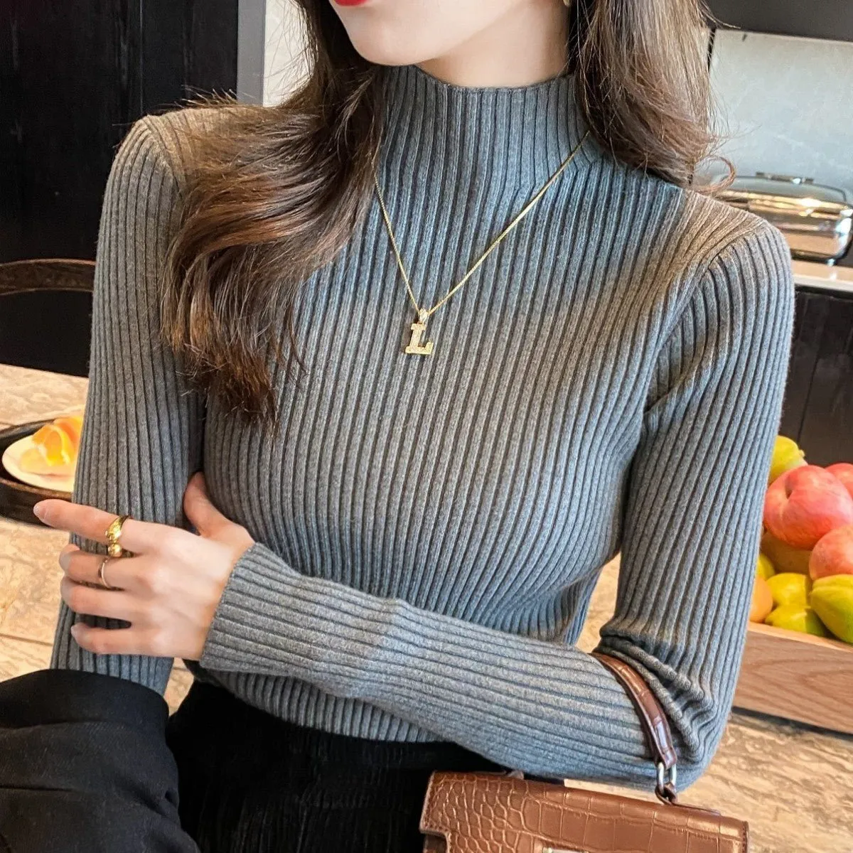 Women’s Semi-Turtleneck Core-Spun Yarn Sweater – Slim Fit Elegant Pullover FD sold by Negative product image thumbnail 5