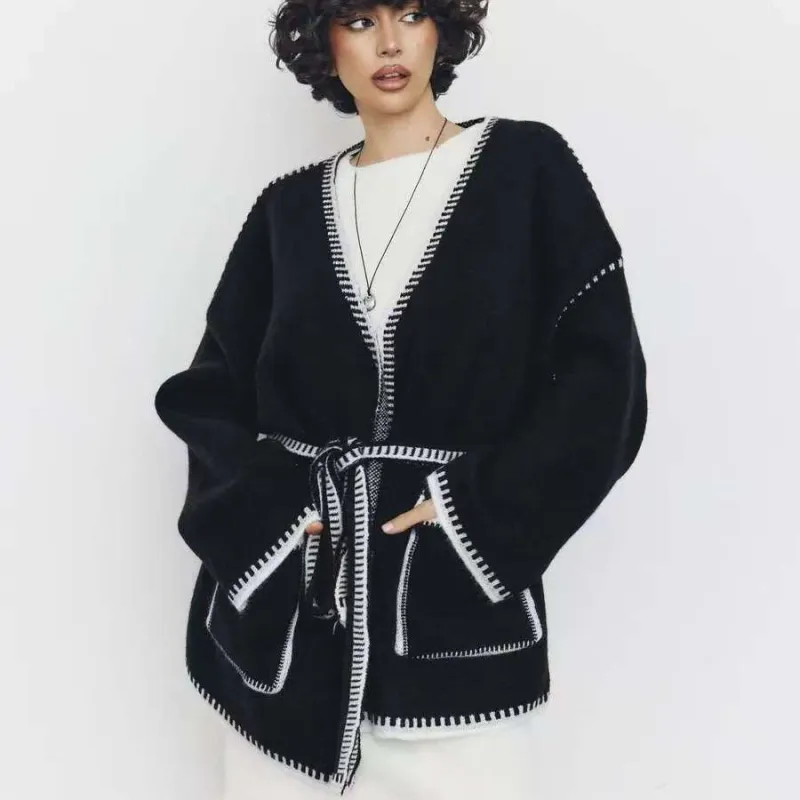 Lace-up knitted cardigan contrasting color sweater FD made by Negative