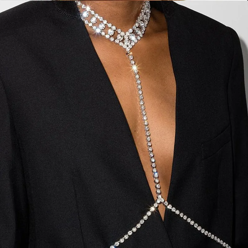Women’s Rhinestone Body Chain Geometric Chest Jewelry – Gold & Silver Electroplated Crystal Body Necklace FD sold by Negative