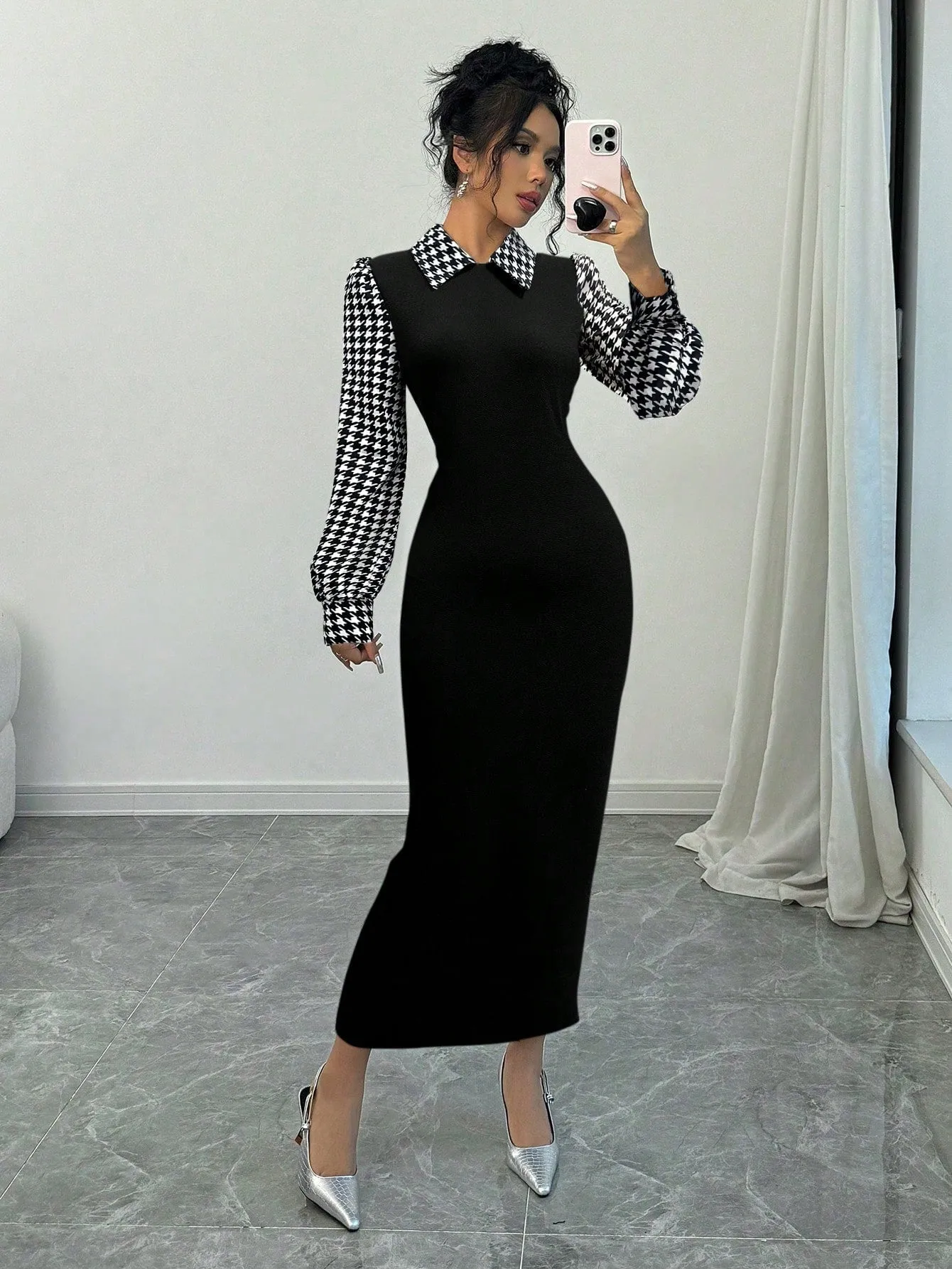 Selianne Fashionable Elegant Slim Long Patchwork Puff Sleeve Collar Houndstooth Pattern Fabric Women's Long Dress, Autumn/Winter Maxi Women Outfit Fall Cloth For Women sold by Negative product image thumbnail 2