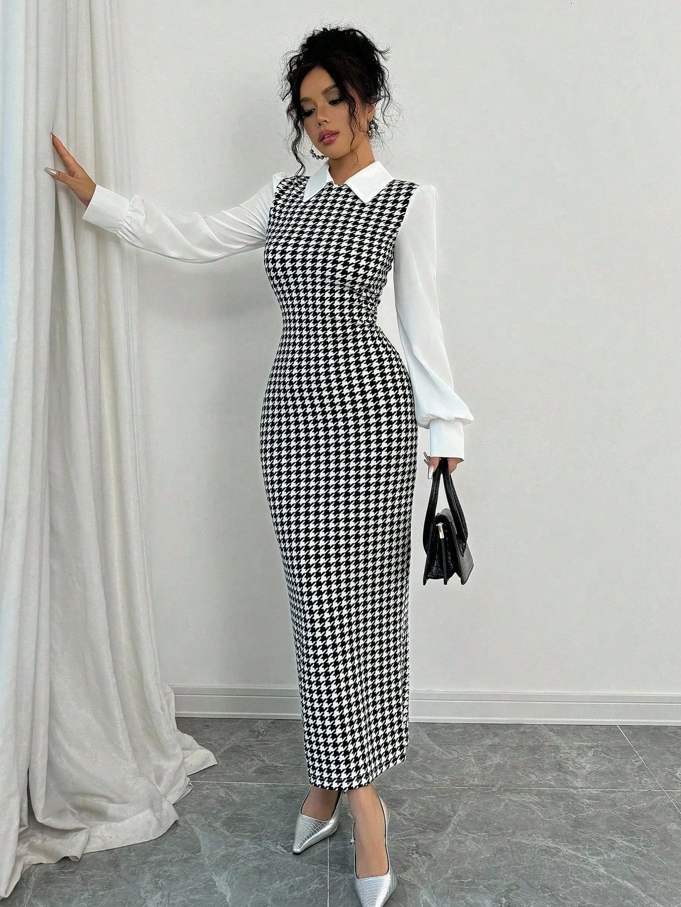 Selianne Fashionable Elegant Slim Long Patchwork Puff Sleeve Collar Houndstooth Pattern Fabric Women's Long Dress, Autumn/Winter Maxi Women Outfit Fall Cloth For Women sold by Negative product image thumbnail 4