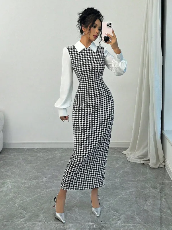 Selianne Fashionable Elegant Slim Long Patchwork Puff Sleeve Collar Houndstooth Pattern Fabric Women's Long Dress, Autumn/Winter Maxi Women Outfit Fall Cloth For Women sold by Negative