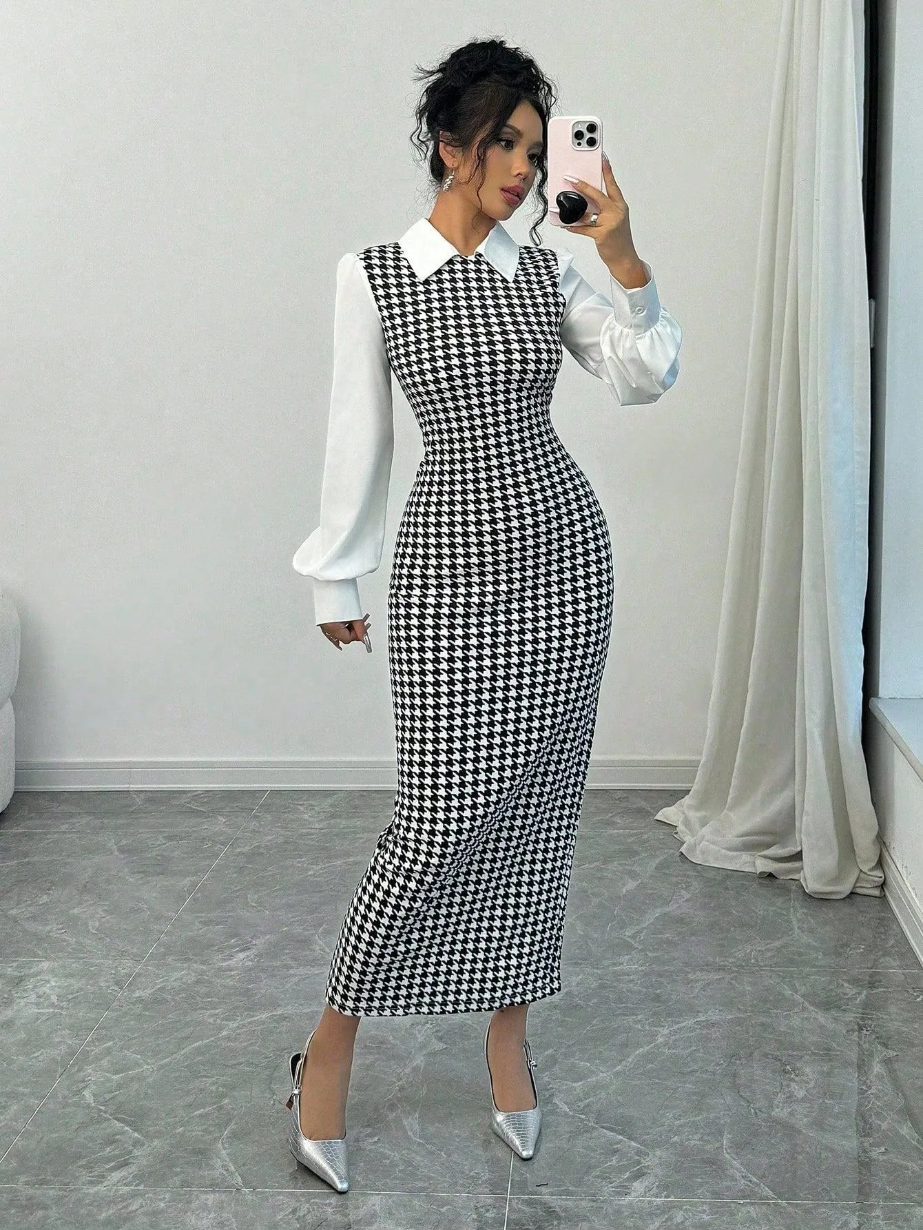 Selianne Fashionable Elegant Slim Long Patchwork Puff Sleeve Collar Houndstooth Pattern Fabric Women's Long Dress, Autumn/Winter Maxi Women Outfit Fall Cloth For Women sold by Negative