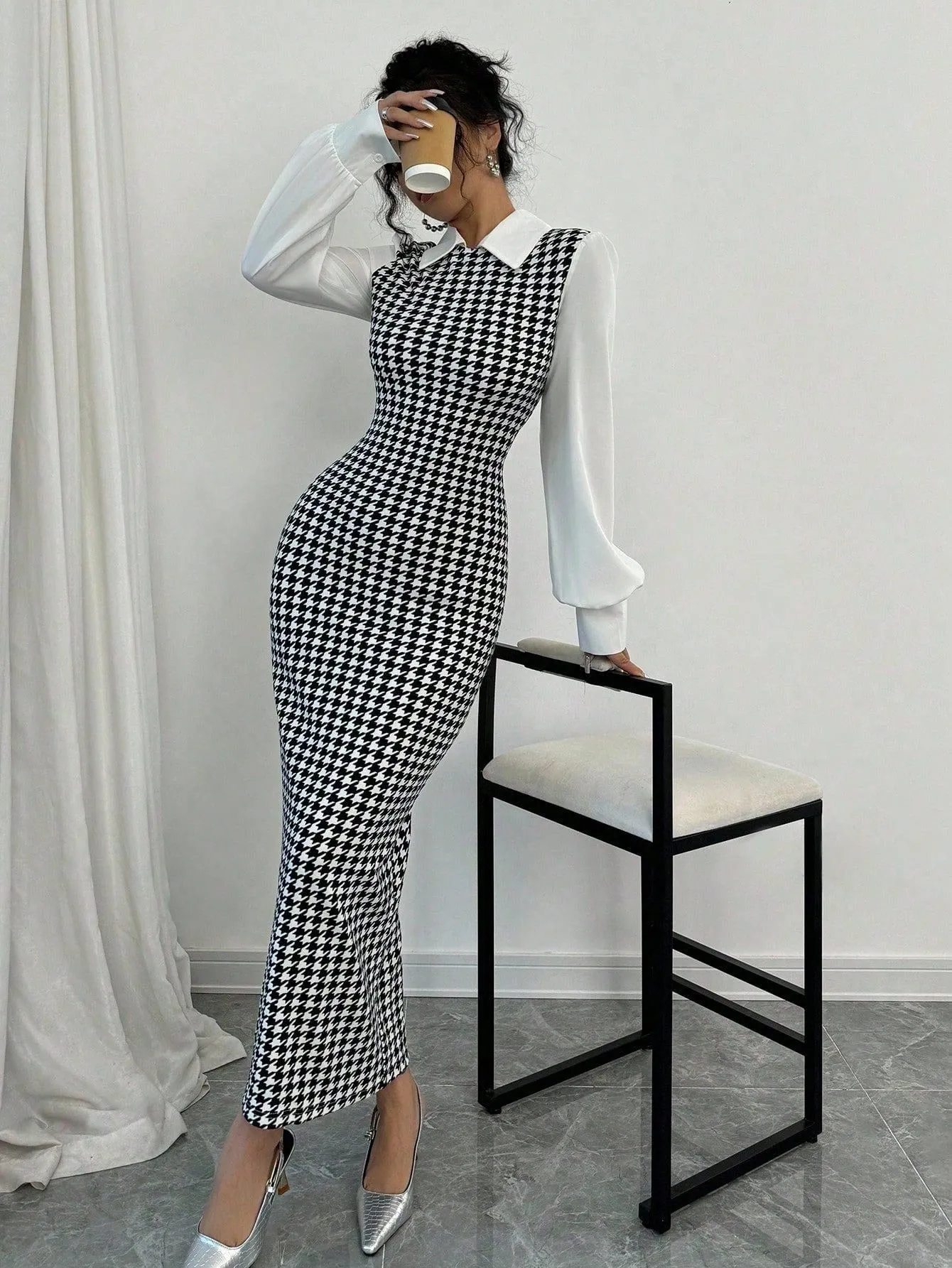 Selianne Fashionable Elegant Slim Long Patchwork Puff Sleeve Collar Houndstooth Pattern Fabric Women's Long Dress, Autumn/Winter Maxi Women Outfit Fall Cloth For Women sold by Negative product image thumbnail 5
