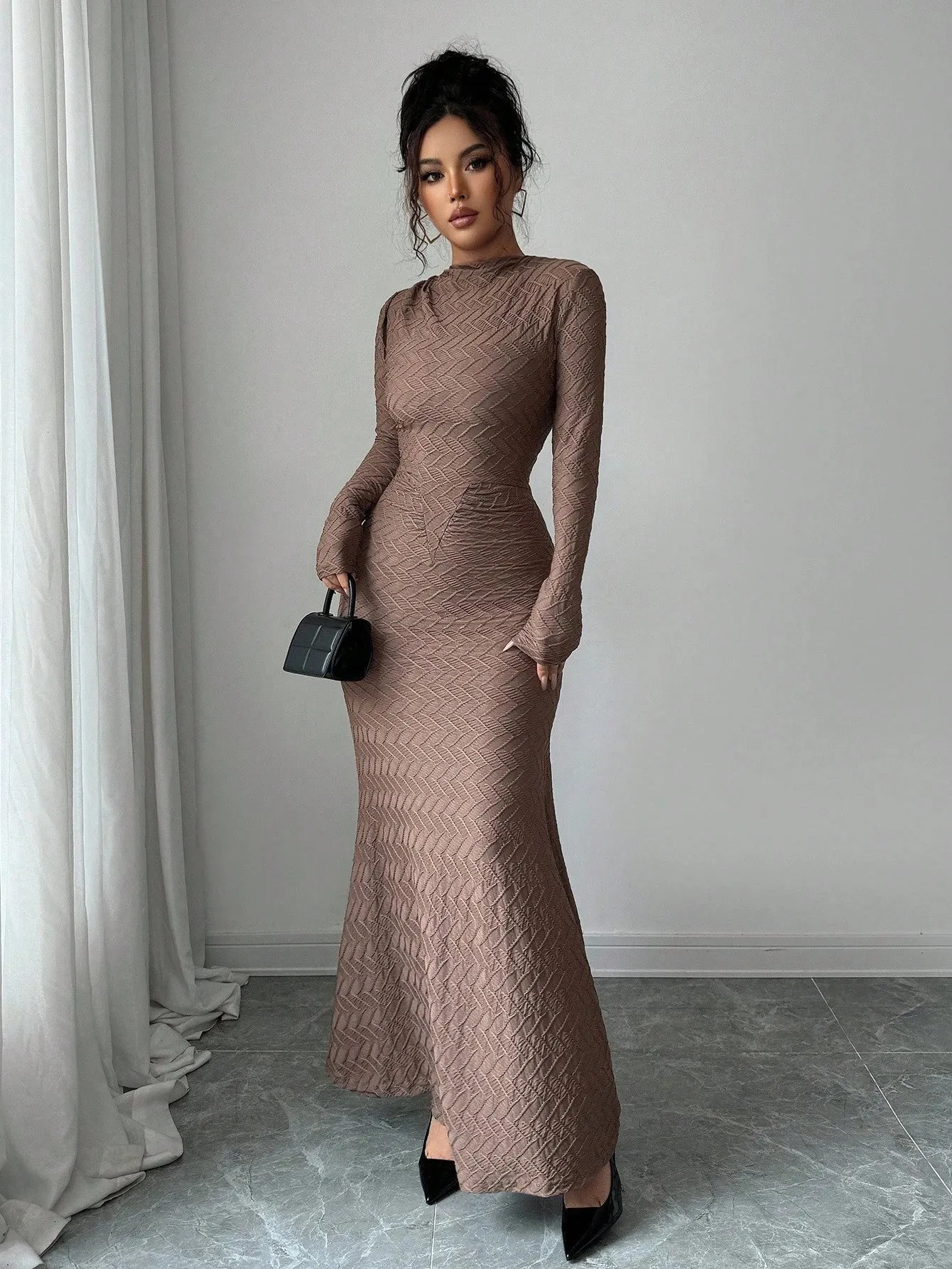 Rafferiza Women's Elegant And Fashionable Waist Round Neck Shoulder Pleated Brown Solid Color Texture Characteristic Pleated Tight Fishtail Skirt Women's Long Sleeve Maxi FD sold by Negative product image thumbnail 3