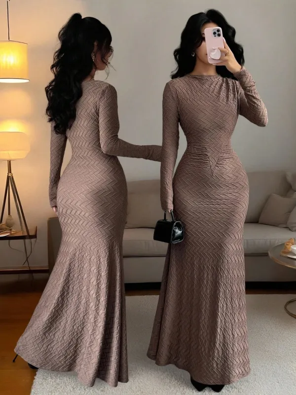 Rafferiza Women's Elegant And Fashionable Waist Round Neck Shoulder Pleated Brown Solid Color Texture Characteristic Pleated Tight Fishtail Skirt Women's Long Sleeve Maxi FD sold by Negative