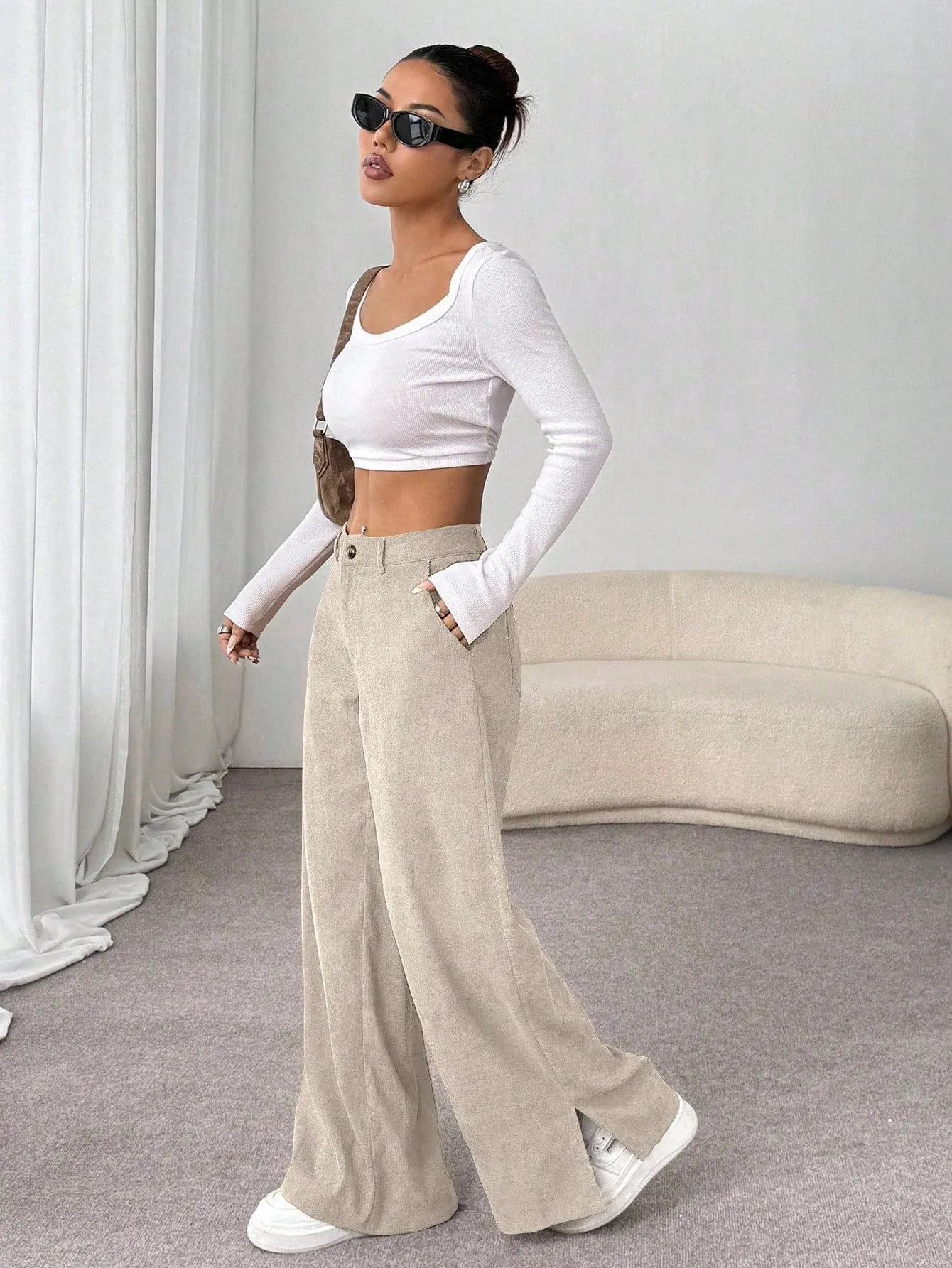 SHEIN Unity Autumn/Winter Casual Corduroy Side Slit Loose Straight Leg Maxi Pants For Women FD sold by Negative product image thumbnail 5