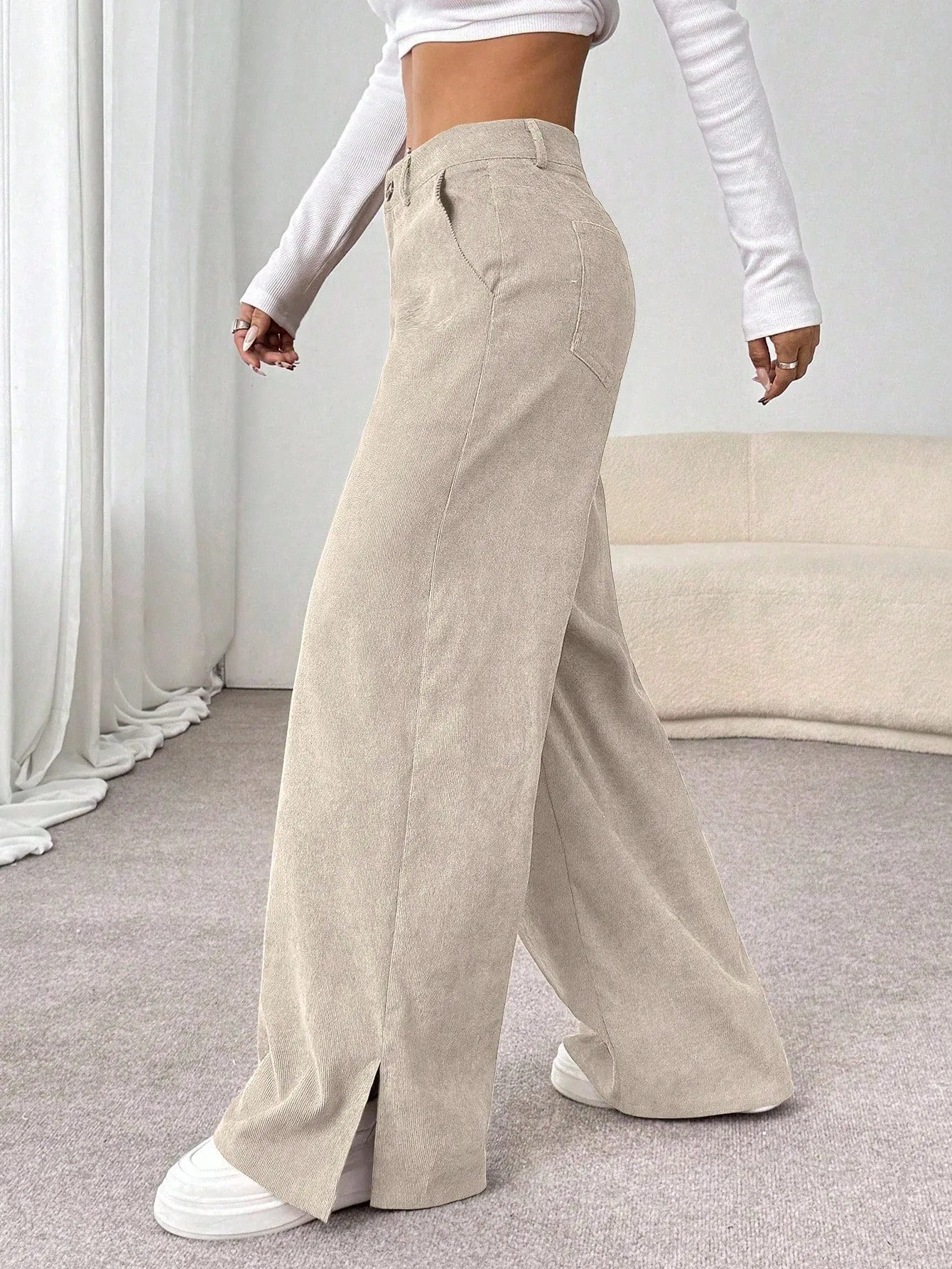 SHEIN Unity Autumn/Winter Casual Corduroy Side Slit Loose Straight Leg Maxi Pants For Women FD sold by Negative product image thumbnail 3
