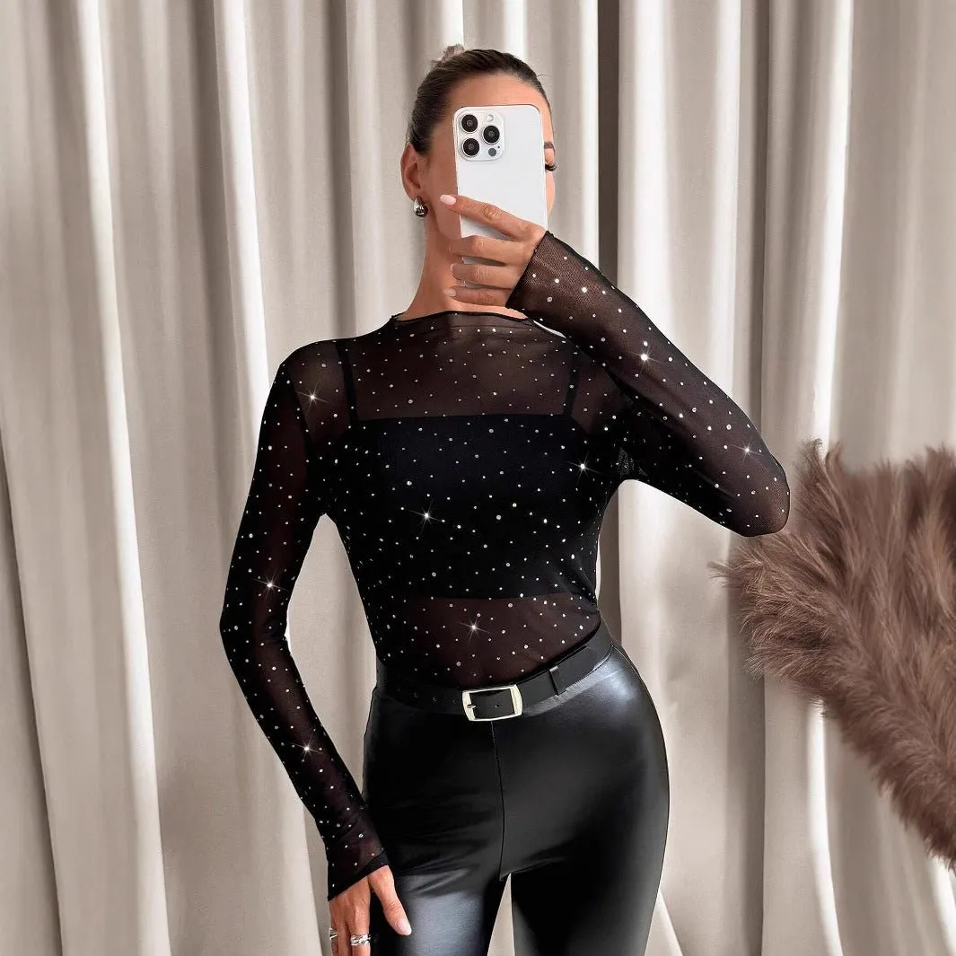 Women's small stand-up collar long-sleeved mesh sand transparent rhinestone decorative T-shirt top FD sold by Negative