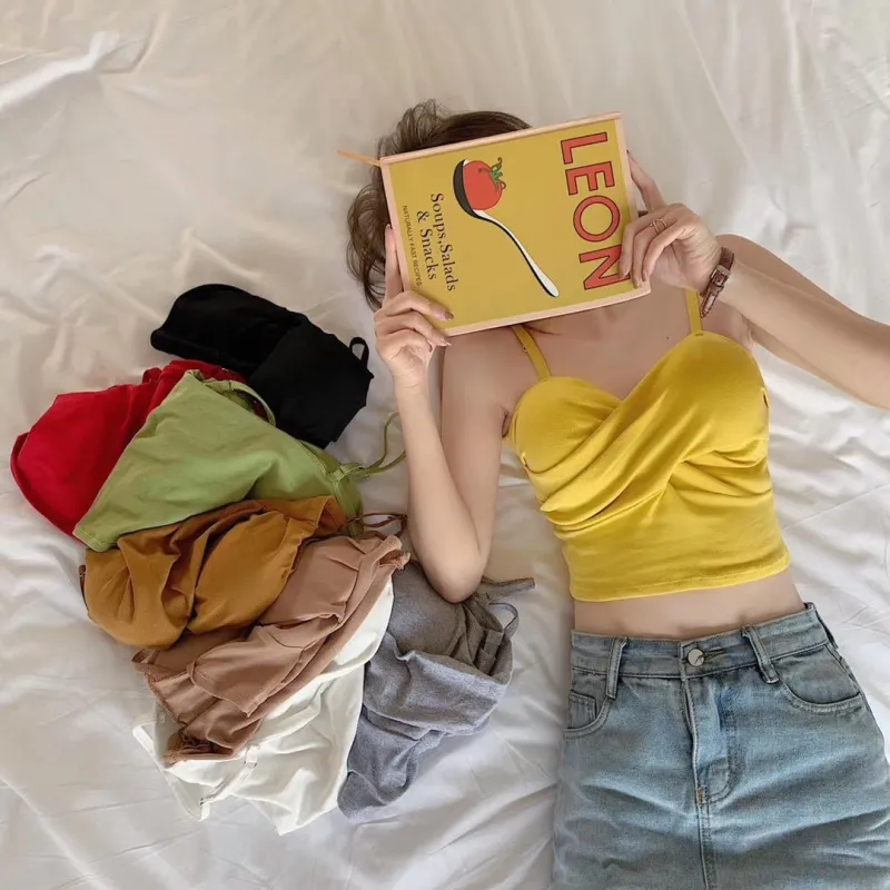 New cotton thread camisole solid color with chest pads FD sold by Negative