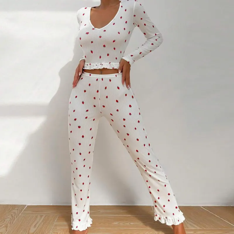 The Ruffle Charm | Solid Color Long-Sleeve Top & Pants Pajama Set made by Negative