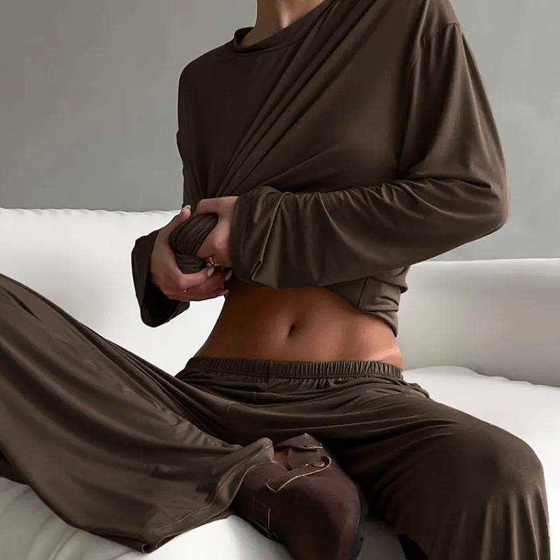 The Modal Comfort | Solid Color Round-Neck Long-Sleeve Top & Pants Pajama Set made by Negative