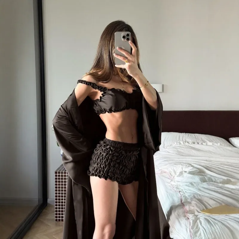 The Pleated Satin | Solid Color Pleated Strap Cami, Shorts & Long Cardigan Three-Piece Set made by Negative