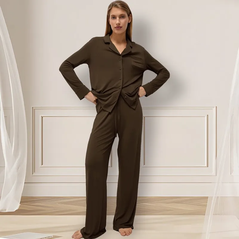 The Modal Ease | Solid Color Collared Long-Sleeve Top & Pants Pajama Set made by Negative