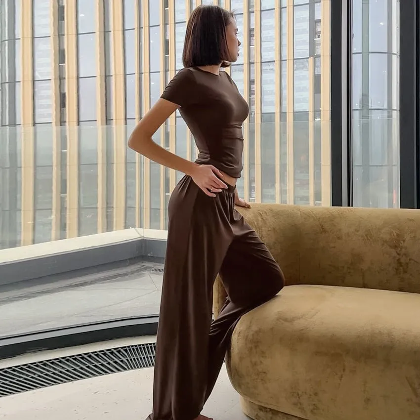 The Slim Cozy | Solid Color Round-Neck Short-Sleeve Top & Pants Pajama Set sold by Negative product image thumbnail 3