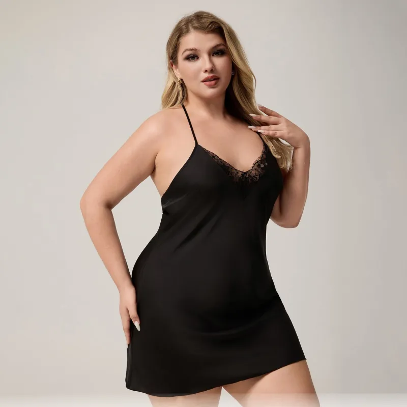 The Lace Seduction | Black Lace Satin Strap Mini Sleep Dress made by Negative