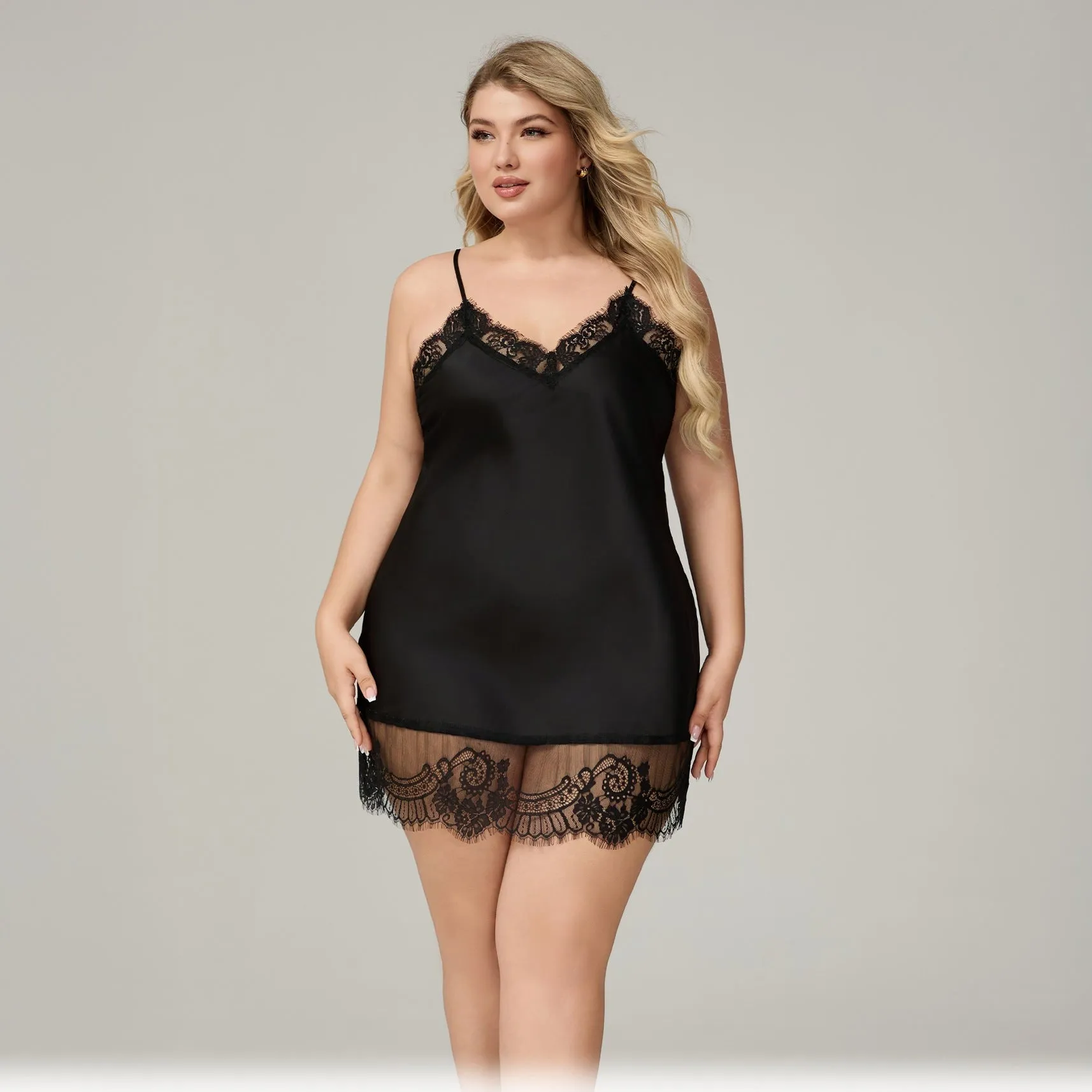 The Lace Seduction | Black Lace Satin Strap Mini Sleep Dress sold by Negative