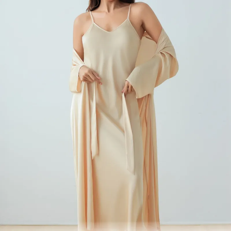 The Satin Elegance | Solid Color Long-Sleeve Slip Dress & Robe Two-Piece Set made by Negative