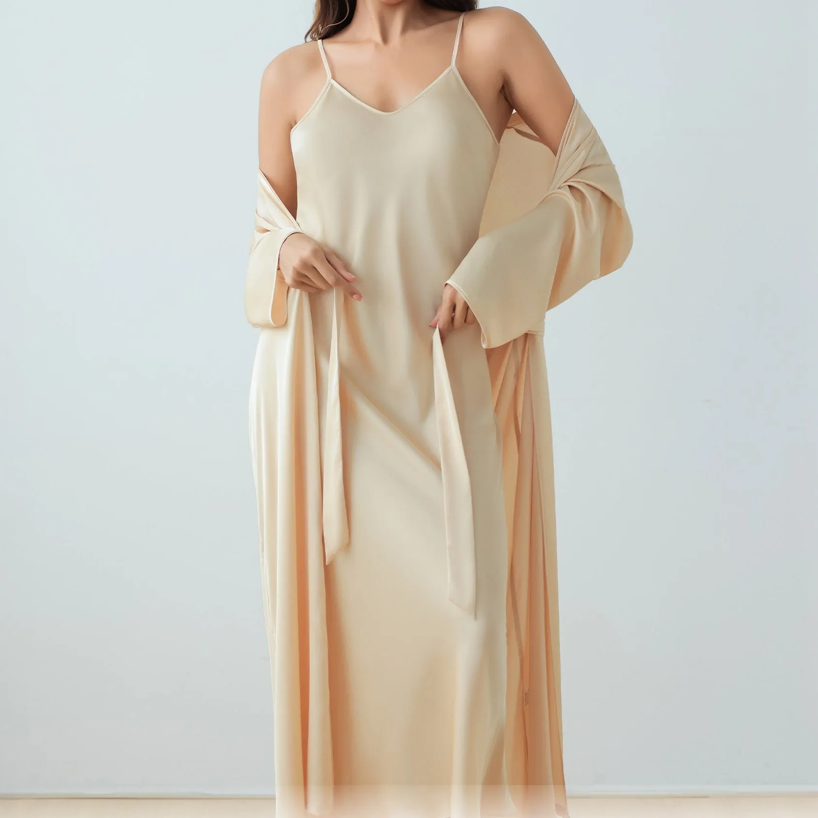 The Satin Elegance | Solid Color Long-Sleeve Slip Dress & Robe Two-Piece Set sold by Negative