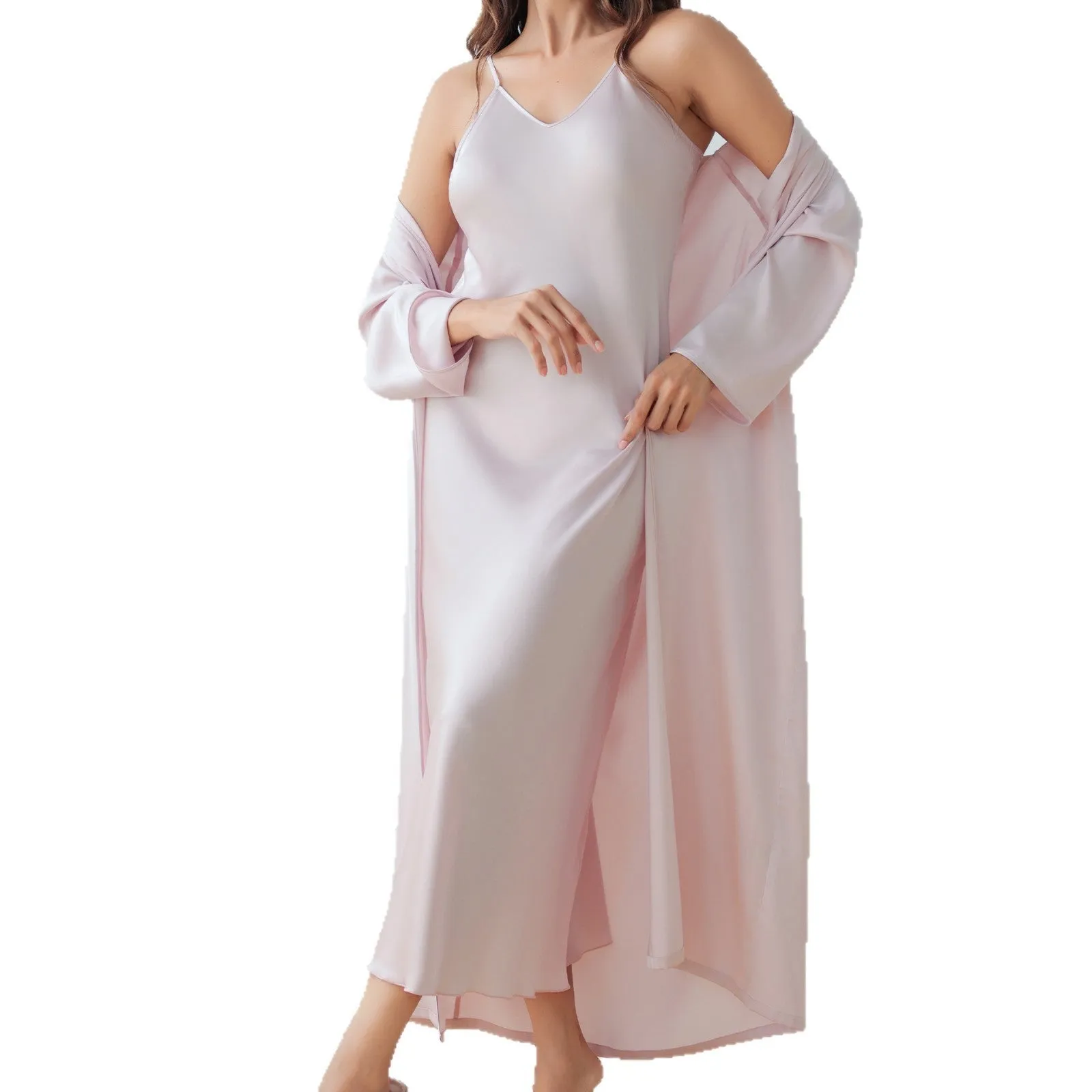 The Satin Elegance | Solid Color Long-Sleeve Slip Dress & Robe Two-Piece Set sold by Negative product image thumbnail 4