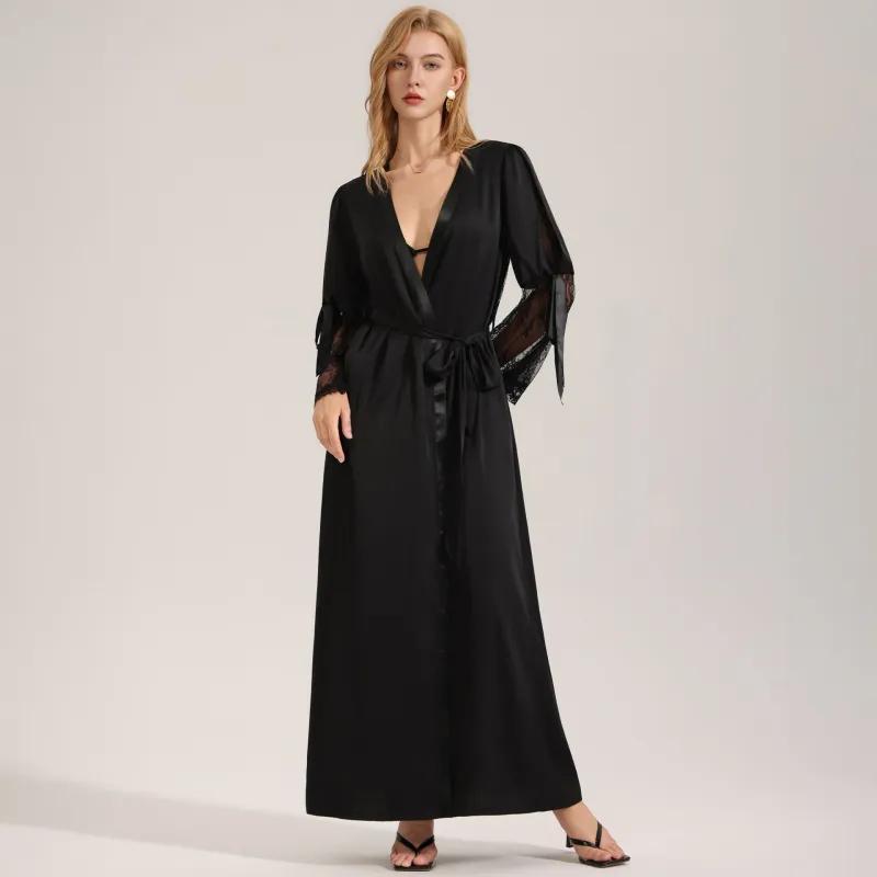 The Backless Seduction | Black Satin Long Backless Belted Robe made by Negative