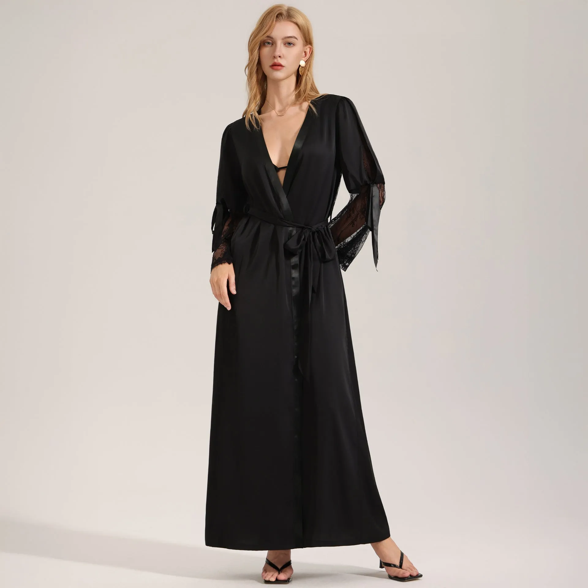 The Backless Seduction | Black Satin Long Backless Belted Robe sold by Negative