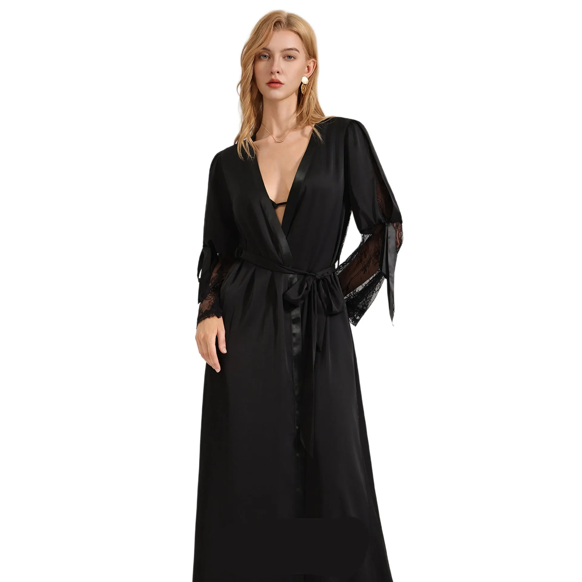 The Backless Seduction | Black Satin Long Backless Belted Robe sold by Negative product image thumbnail 5