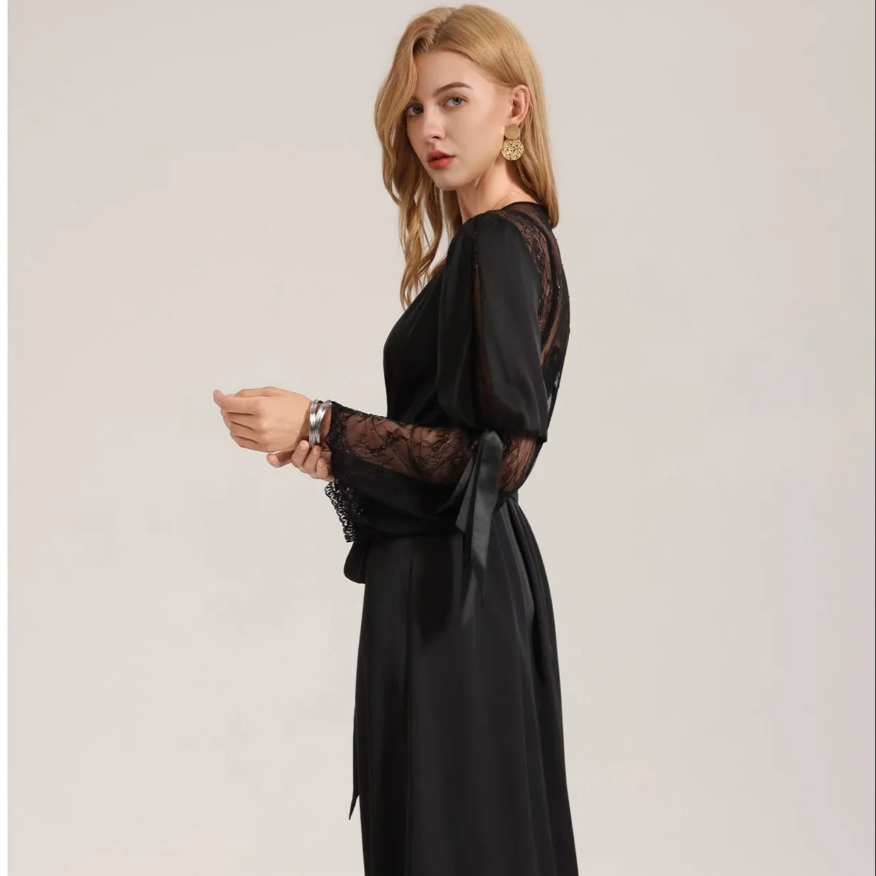 The Backless Seduction | Black Satin Long Backless Belted Robe sold by Negative product image thumbnail 2