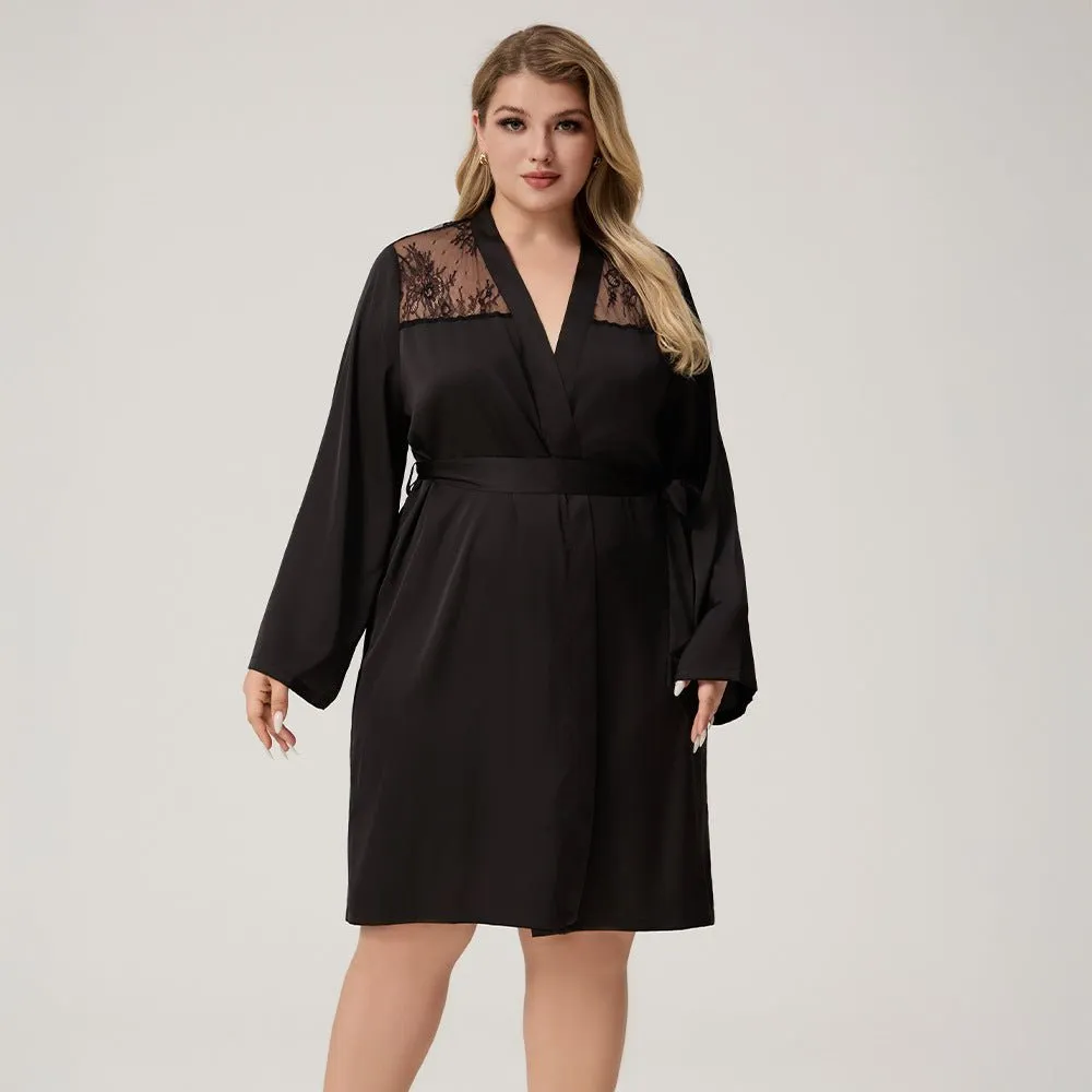 The Lace Seduction | Black Satin Lace Short Robe sold by Negative product image thumbnail 2