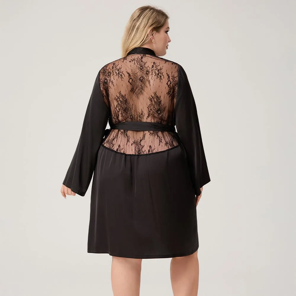 The Lace Seduction | Black Satin Lace Short Robe sold by Negative product image thumbnail 4