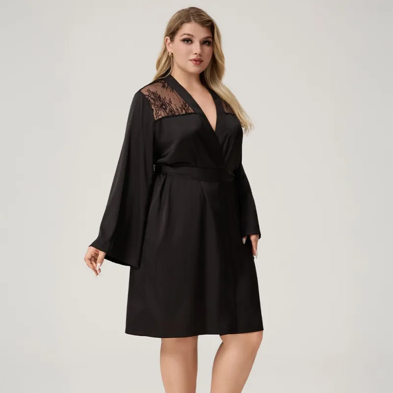 The Lace Seduction | Black Satin Lace Short Robe made by Negative