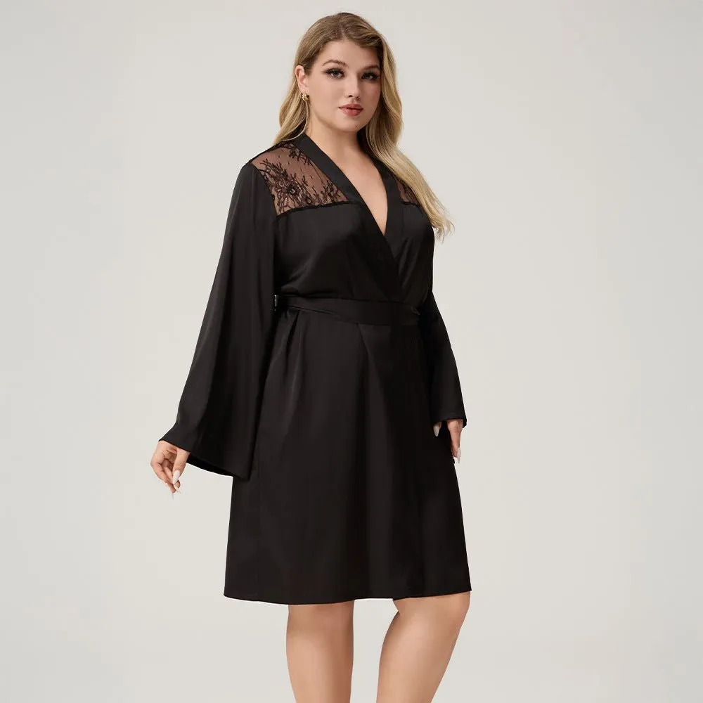The Lace Seduction | Black Satin Lace Short Robe sold by Negative