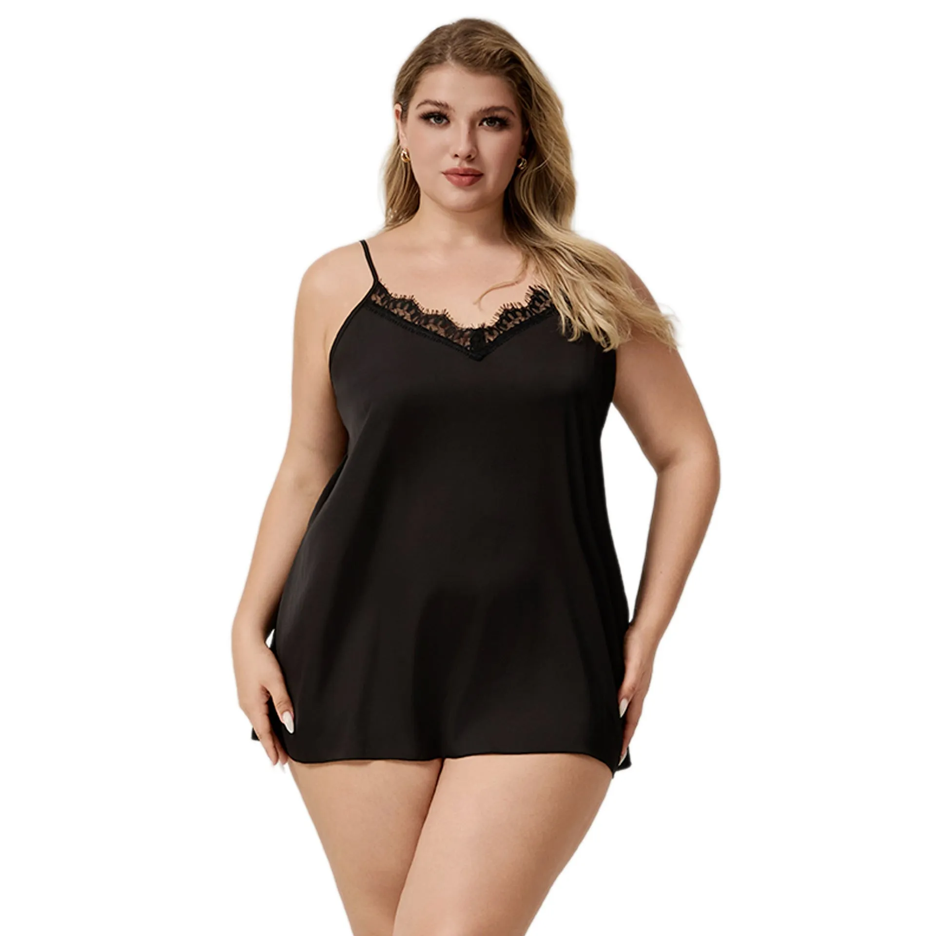 The Noir Desire | Women's Plus-Size Ice Silk Satin Suspender Chemise Nightdress sold by Negative product image thumbnail 3