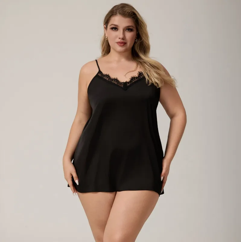The Noir Desire | Women's Plus-Size Ice Silk Satin Suspender Chemise Nightdress made by Negative